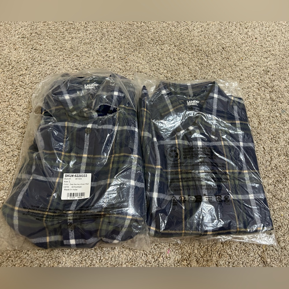 Lands' End Traditional Fit Deep Sea Navy Green Plaid Button Down Long Sleeve L